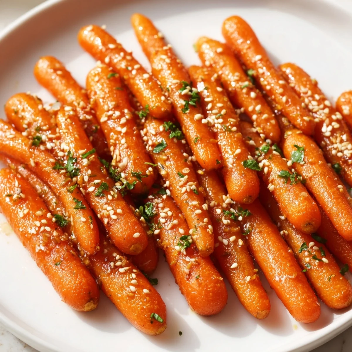Golden brown honey soy roasted carrots, a vibrant side dish, tossed with sesame seeds for flavor.