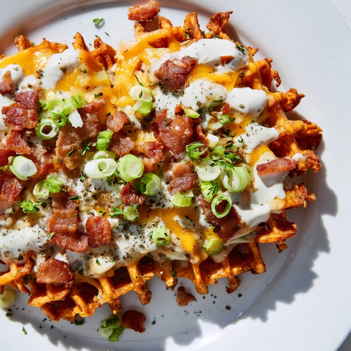 Golden, cheesy Loaded Sweet Potato Fries topped with bacon, ranch, and green onions, a flavorful feast!