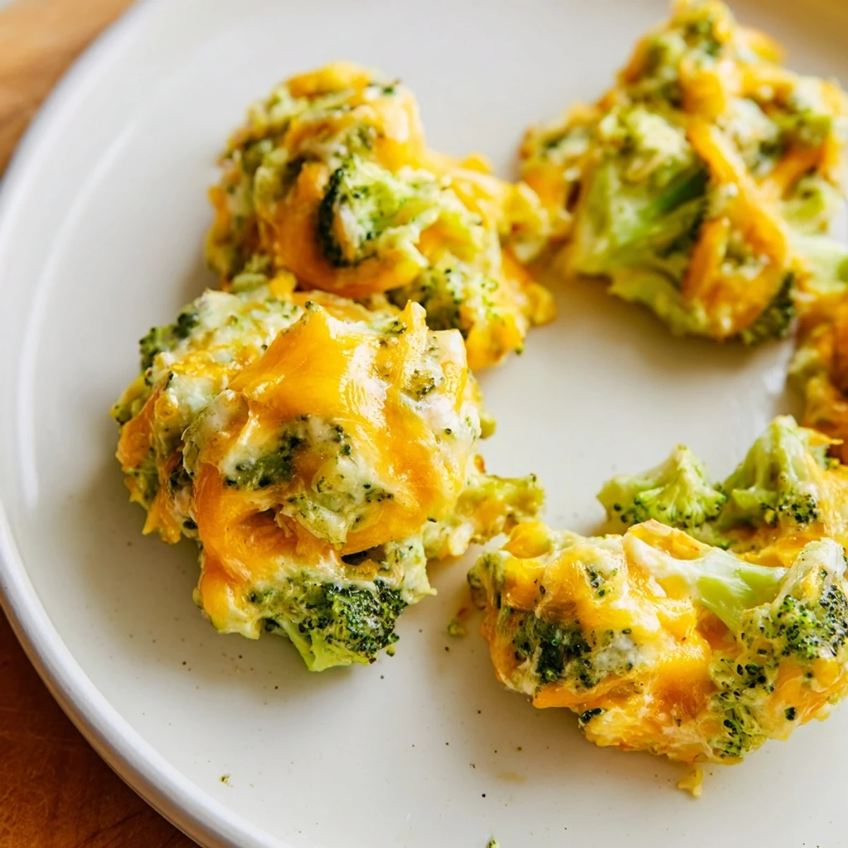 Warm, bite-sized Cheesy Broccoli Casserole Bites on a plate, alongside dipping sauce.