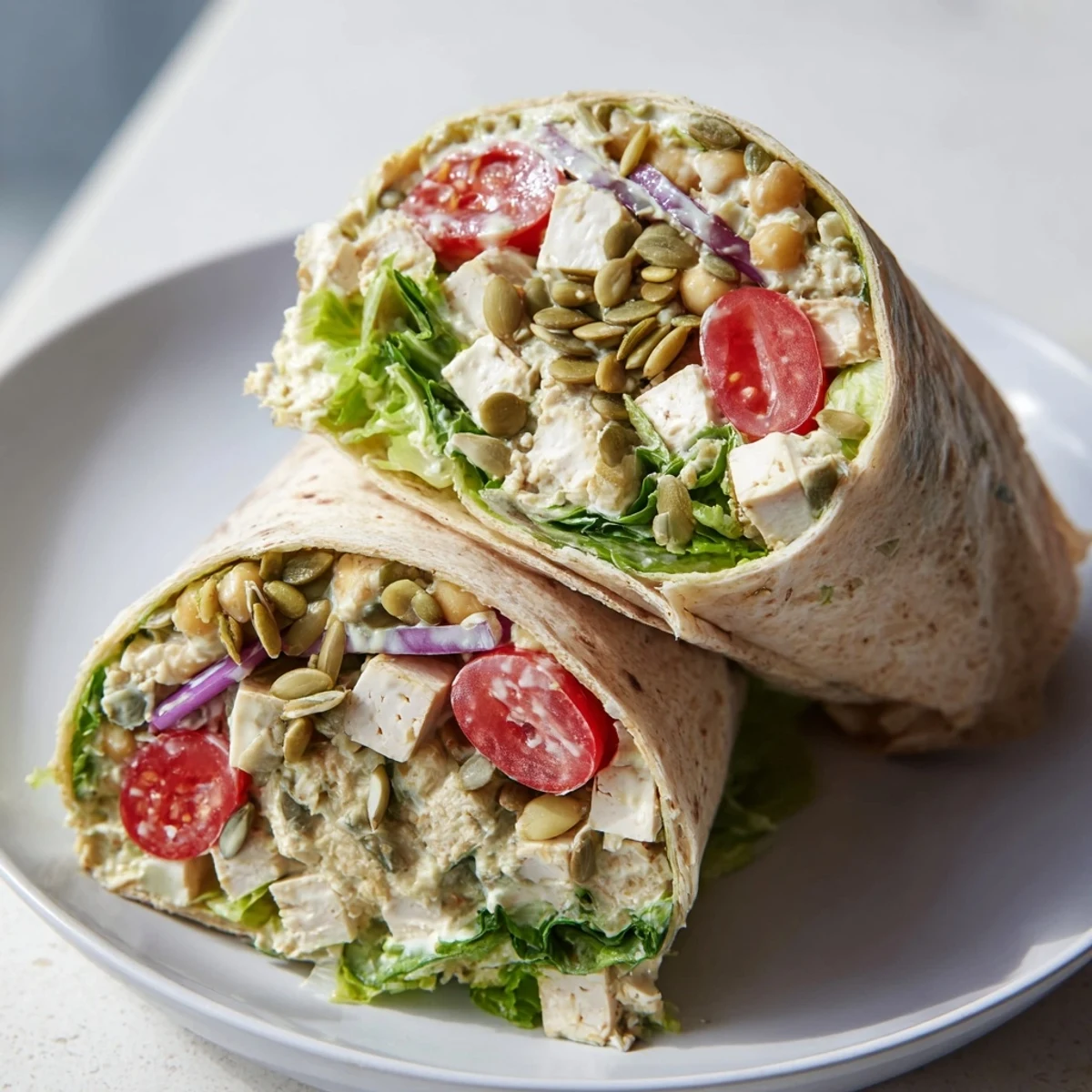 A colorful view of a High-Protein Chicken-less Caesar Wrap, invitingly rolled and ready to serve.