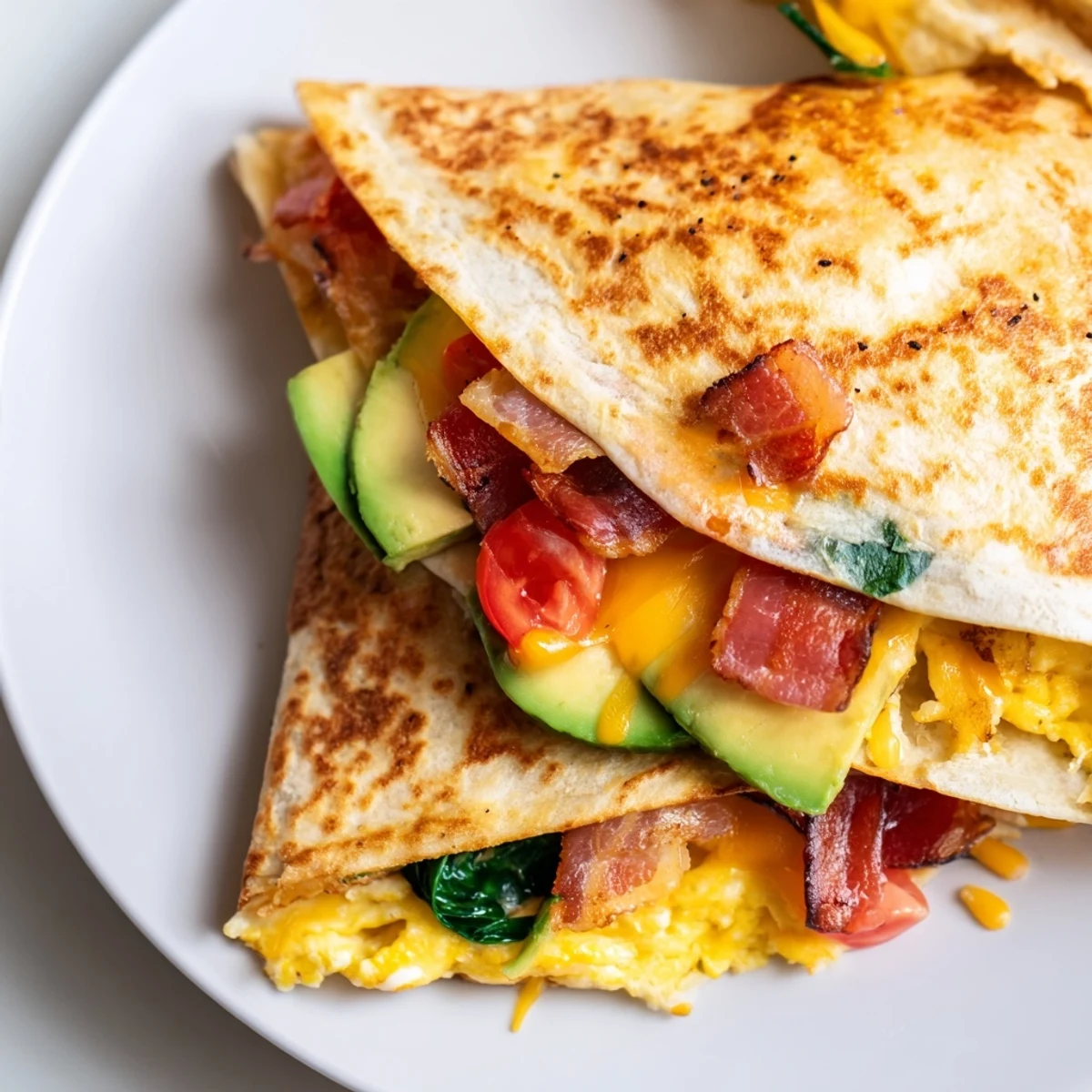 Close-up of a crispy breakfast wrap, showing layers of golden tortilla filled with breakfast favorites, a perfect morning treat.