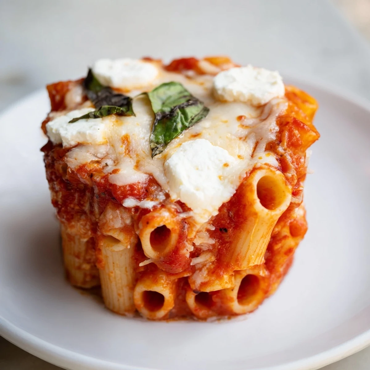 Golden-brown baked ziti cups boasting bubbly cheese with rich tomato sauce, ready to eat.