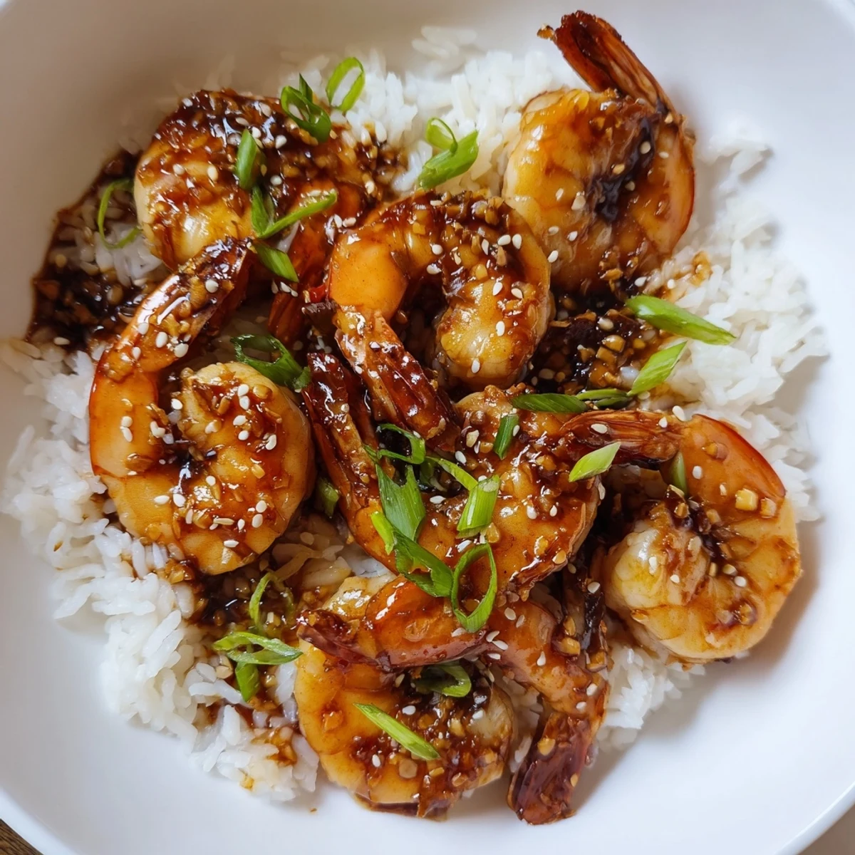 Golden-glazed honey garlic shrimp sizzling in a skillet, ready to serve with steamed rice.