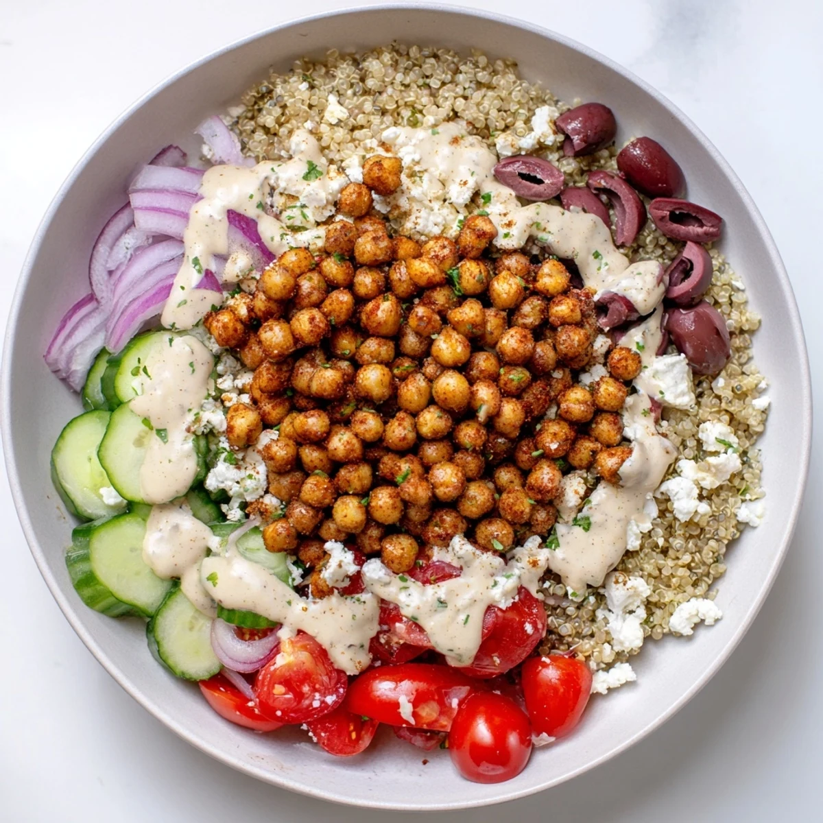 Golden, roasted chickpeas and fresh vegetables star in this refreshing Mediterranean Chickpea Bowl creation.