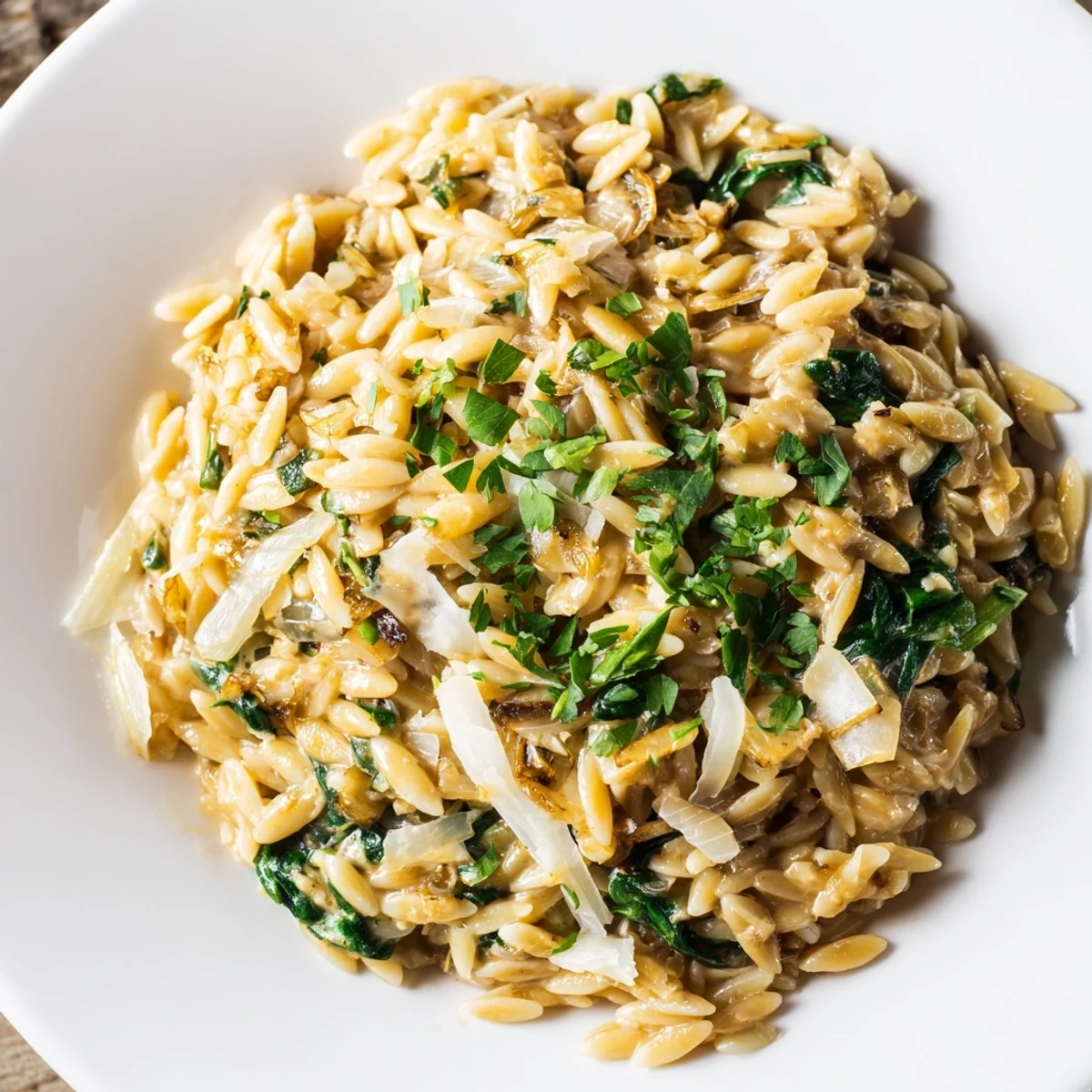 Steaming bowl of one-pot creamy orzo pasta, topped with fresh parsley and Parmesan cheese.