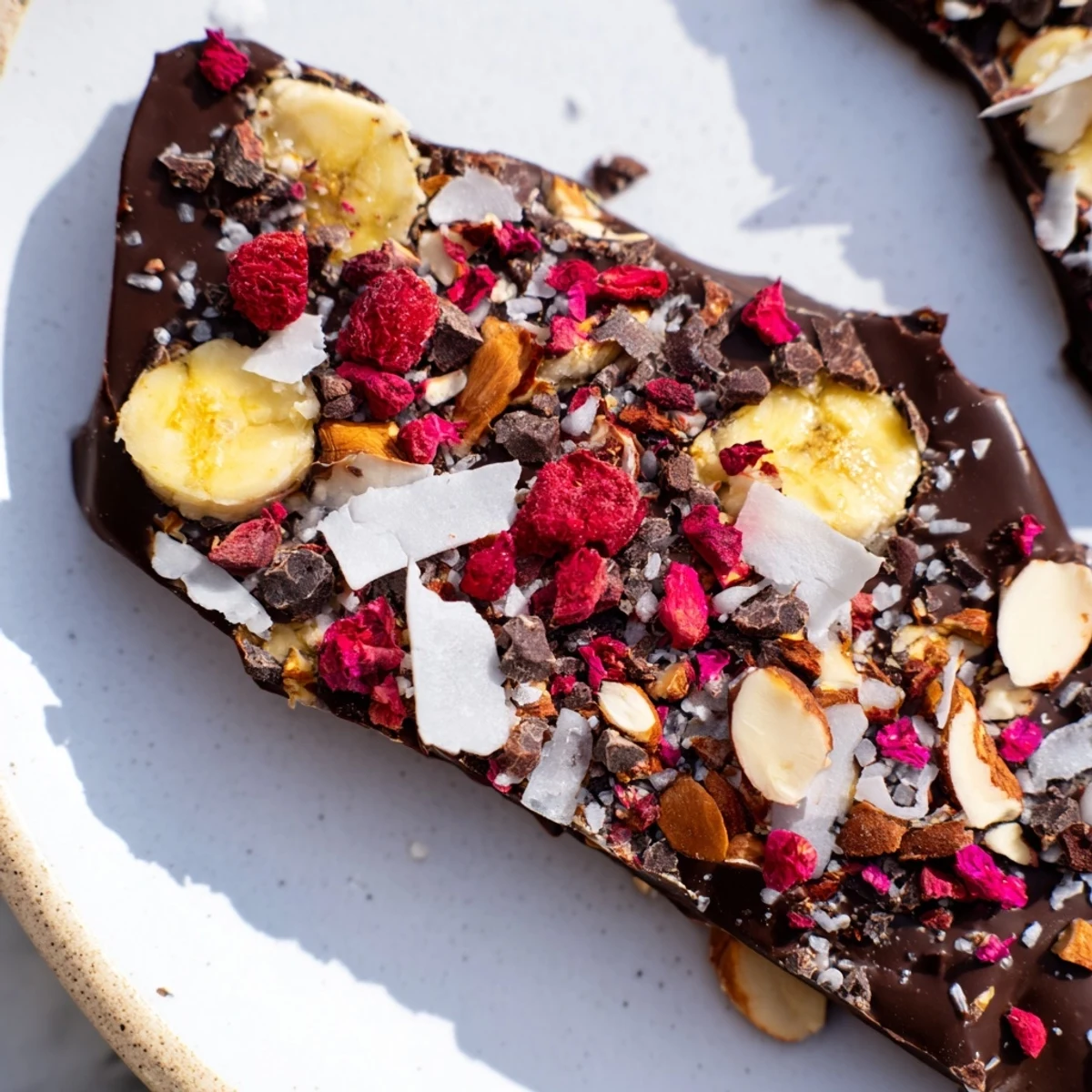 A close-up of Chocolate Banana Bark, showing layers of chocolate and banana with colorful toppings.
