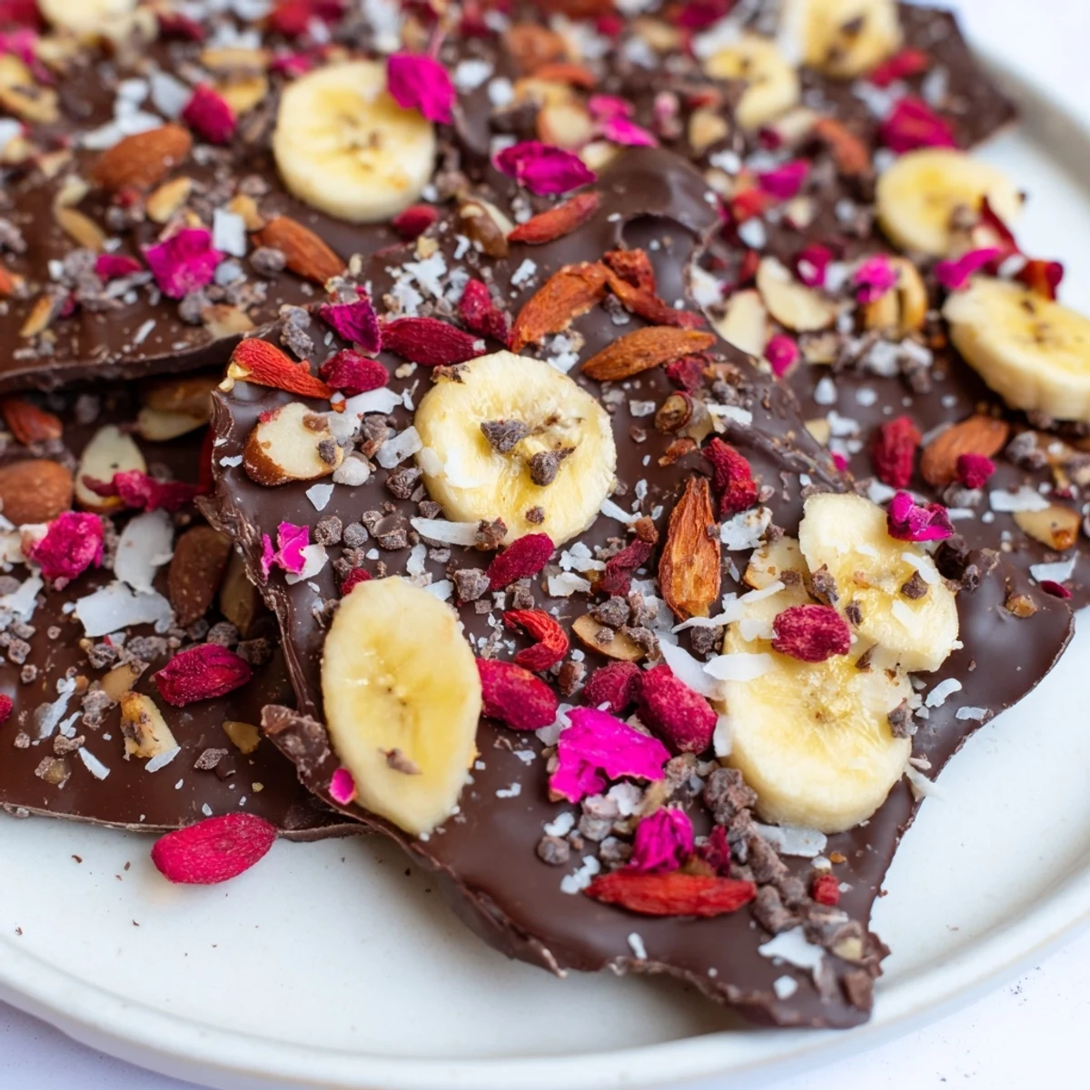 Homemade Chocolate Banana Bark ready to serve, a refreshing frozen dessert with a rich chocolate base.