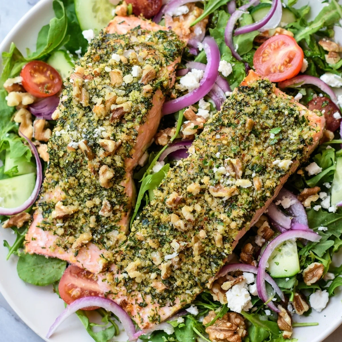 Warm, flaky herb-crusted salmon salad with bright tomatoes and a zesty vinaigrette dressing.