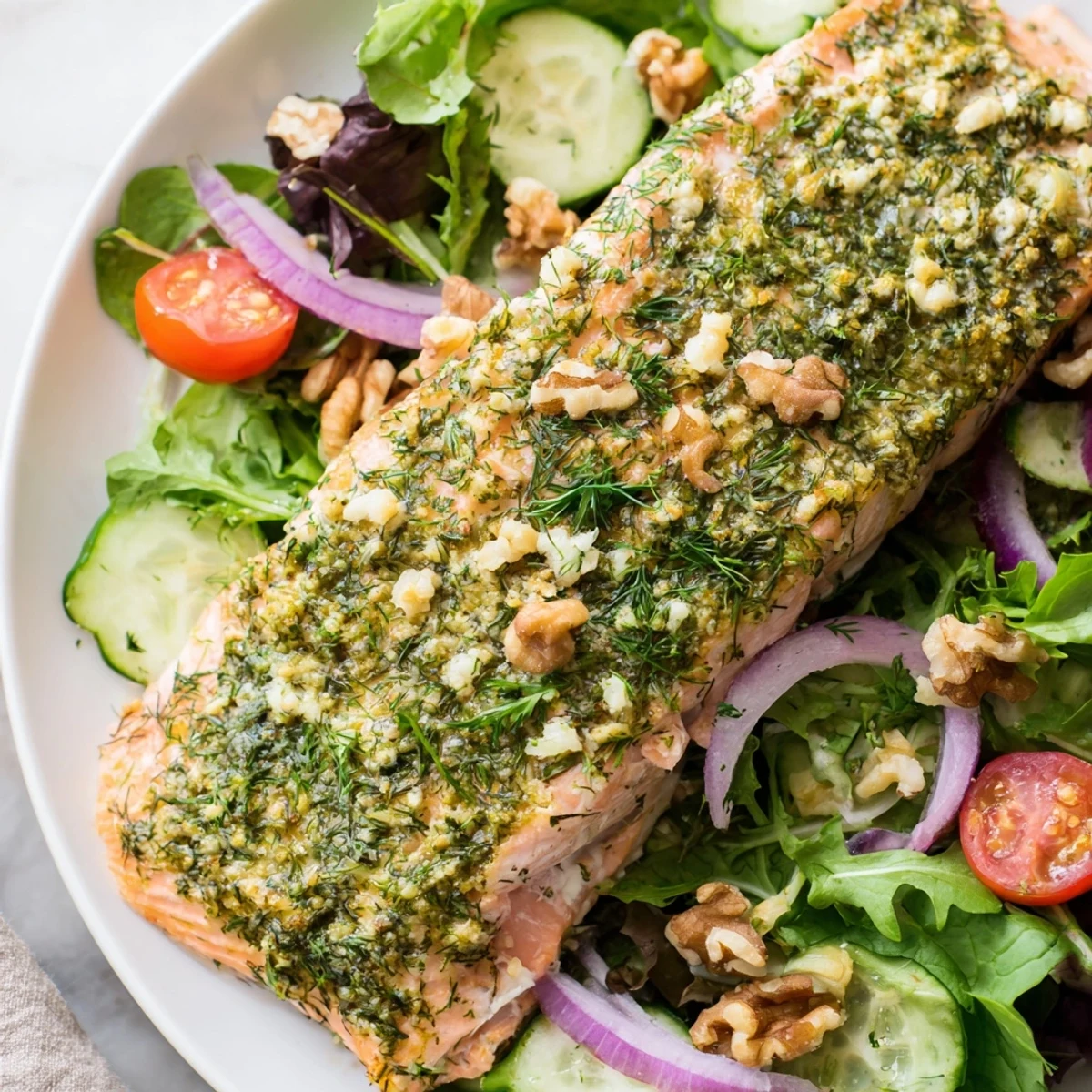 Fluffy salmon fillets, crusted with herbs, sit atop fresh greens in this delicious salmon salad.