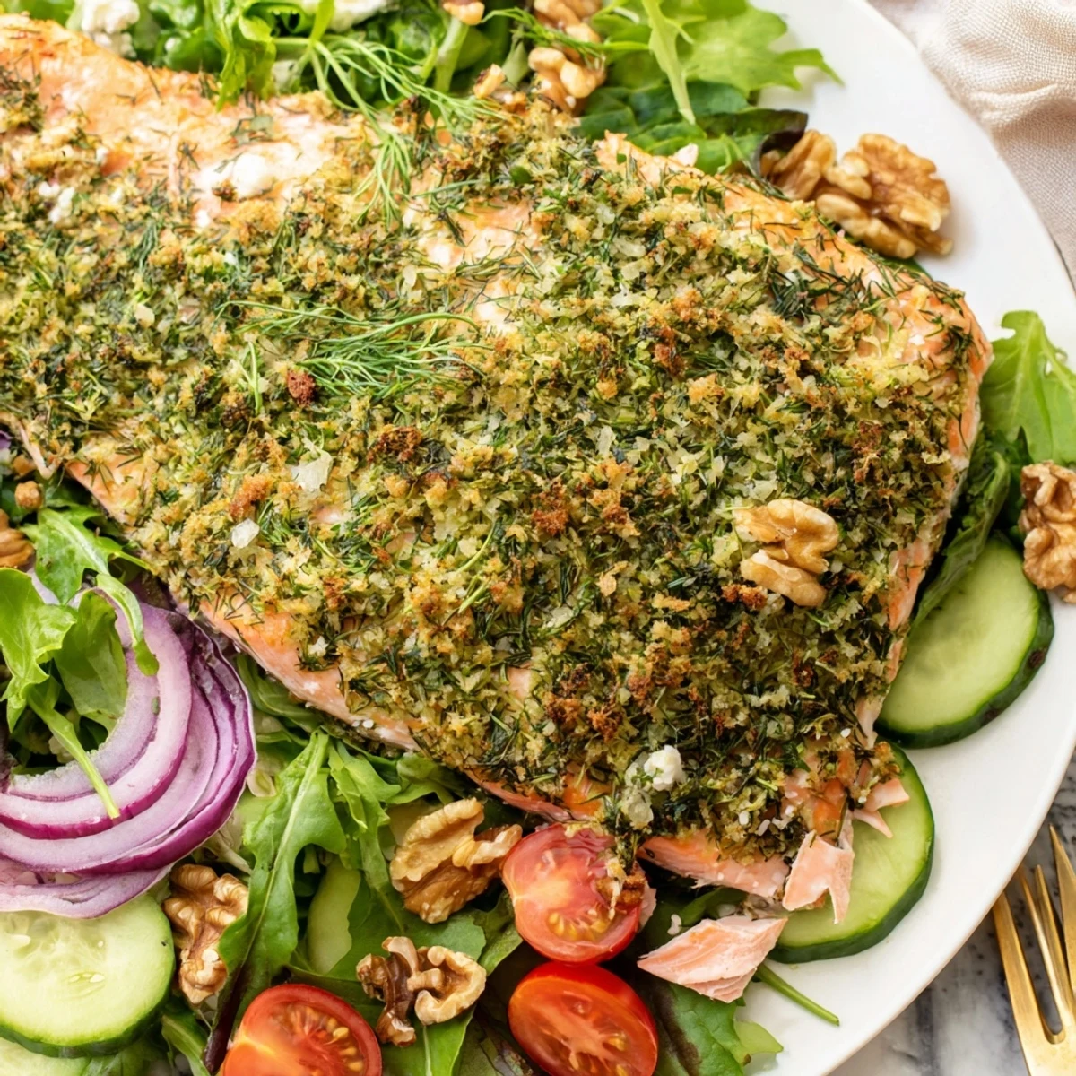 A close-up view of a vibrant herb-crusted salmon salad, perfect for a light, healthy meal.