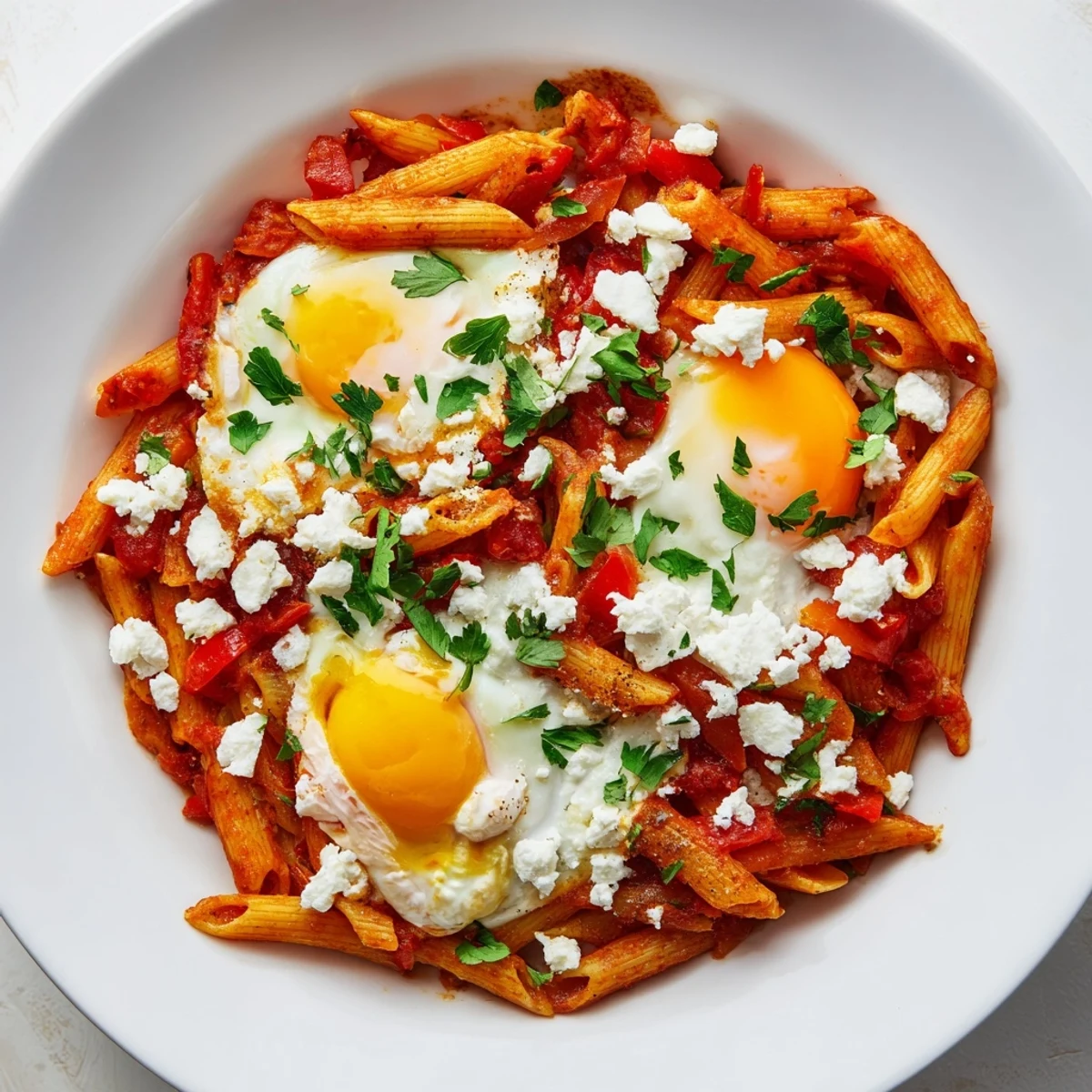 Quick Shakshuka Pasta with runny egg yolks and vibrant tomato sauce, perfect for dinner.