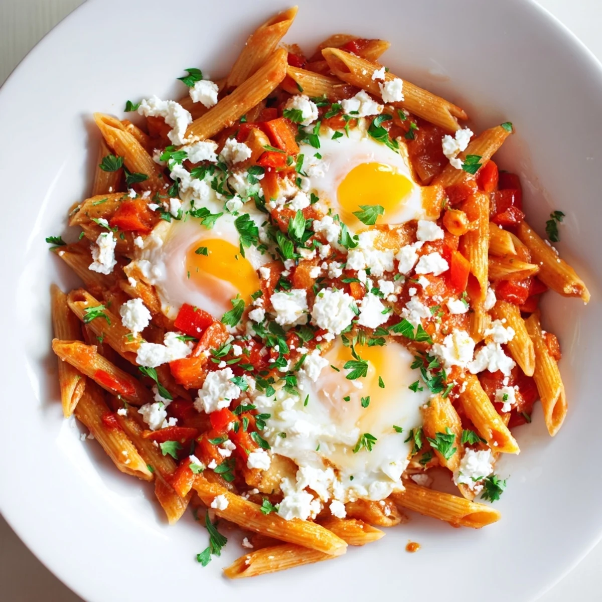This quick Shakshuka Pasta features a rich red sauce, with eggs nestled inside, ready to enjoy.
