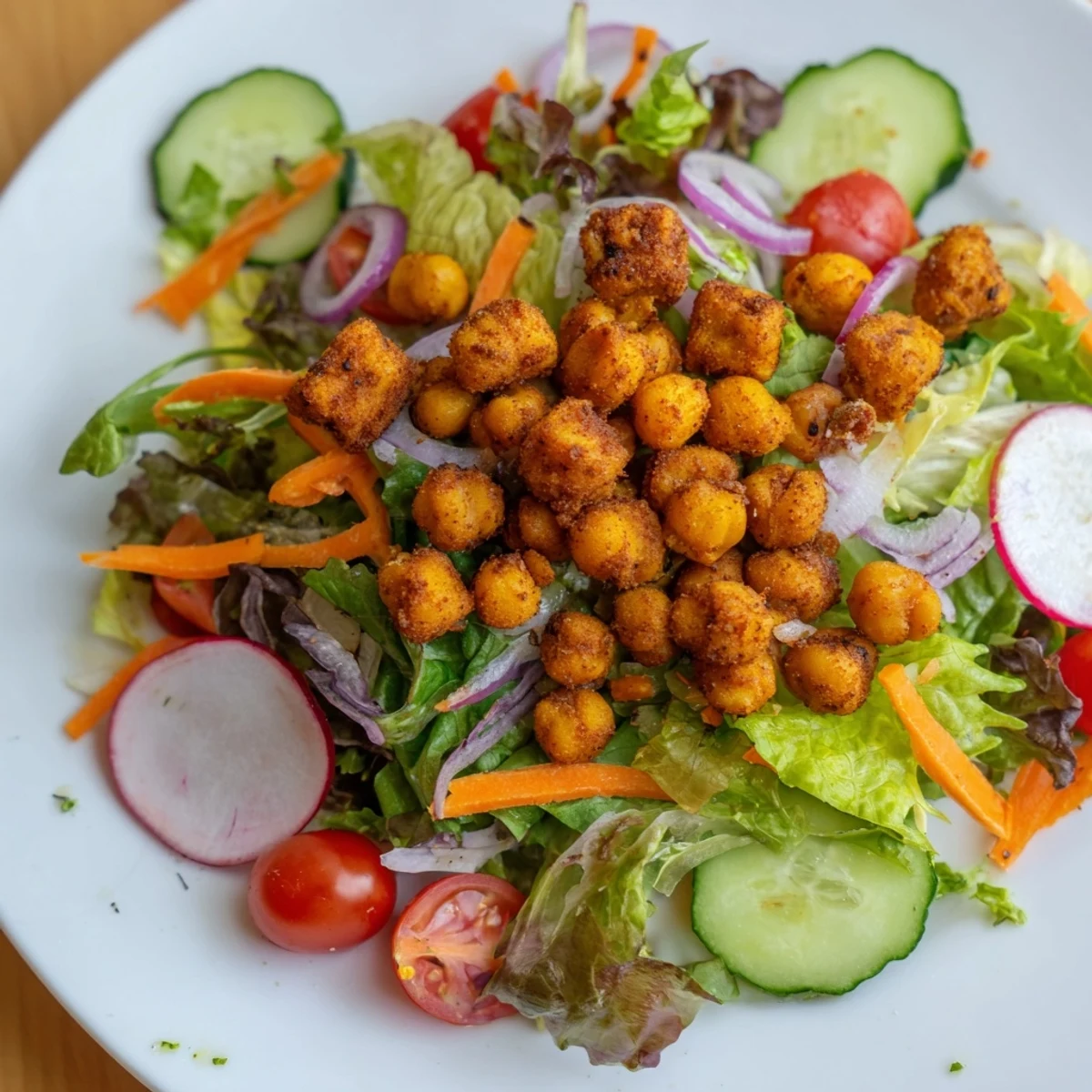 Vibrant Mixed Greens Salad featuring crispy chickpea croutons for a delightful taste and texture combination.