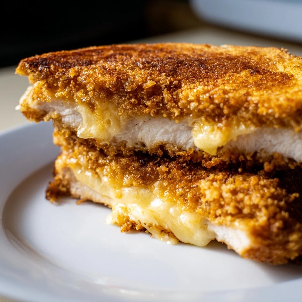 Golden-brown Crispy Parmesan Chicken Thighs nestled in melty grilled cheese, a perfect comfort meal.