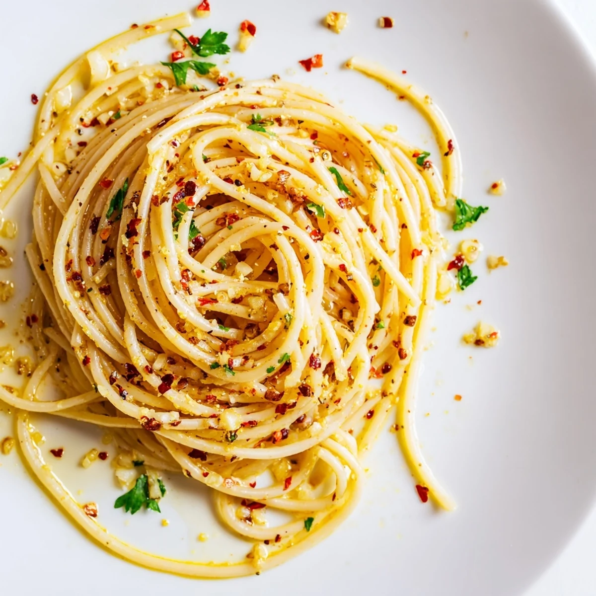 Steaming Aglio e Olio Express Pasta glistening, tossed with garlic and chili flakes, ready for your plate.