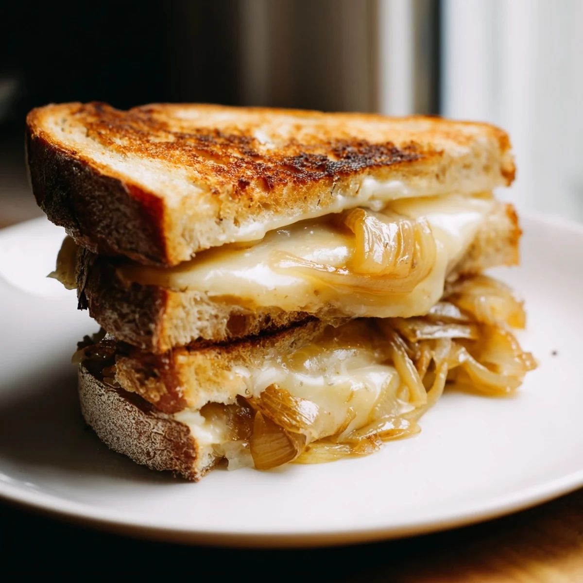 The delightful sight of toasted Caramelized Onion and Gruyère Grilled Cheese, perfect with tomato soup.