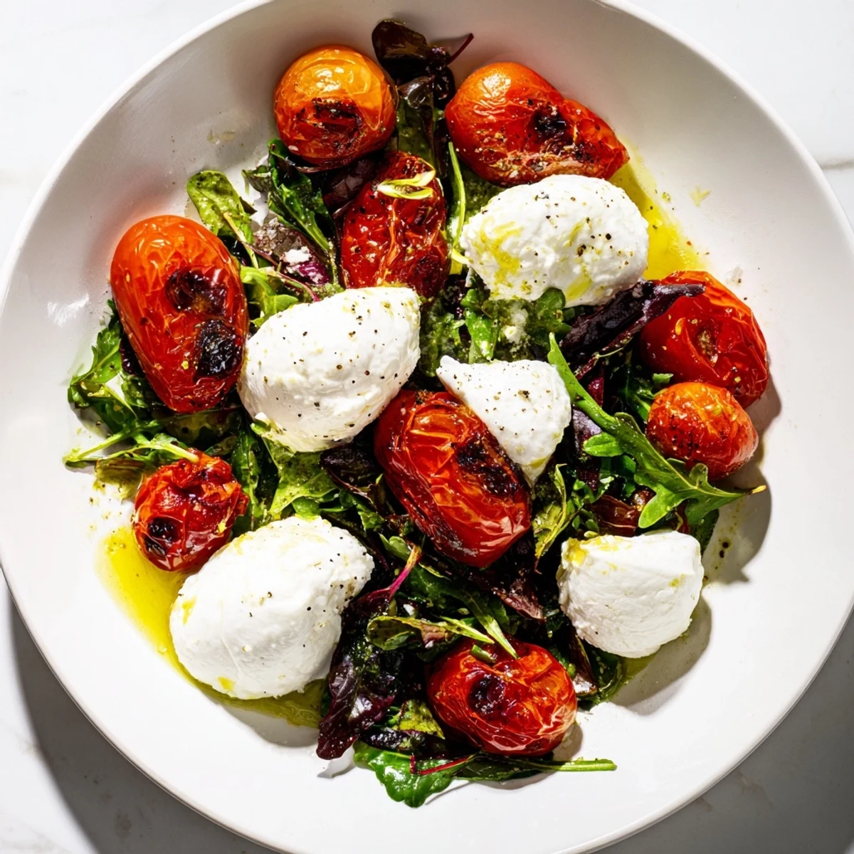 Freshly plated charred tomato salad showing blistered tomatoes, soft burrata, and vivid green salad greens.
