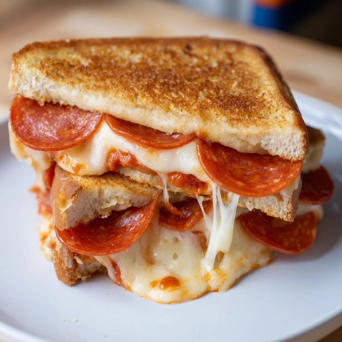 Golden-brown Pizza Grilled Cheese sandwich, oozing with melted mozzarella and savory pepperoni.
