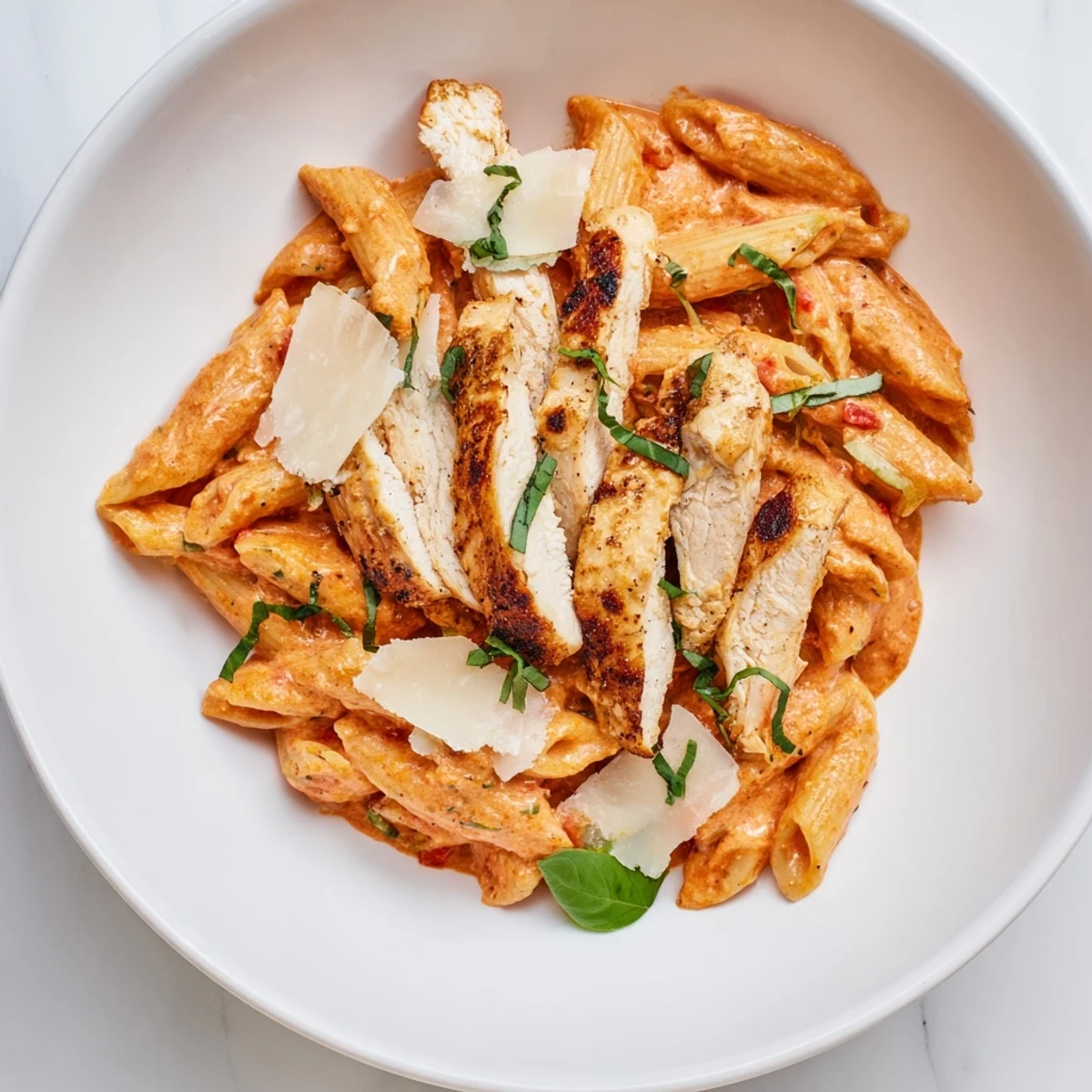 Creamy Tomato Basil Chicken Pasta with fresh basil and parmesan, ready to be enjoyed.