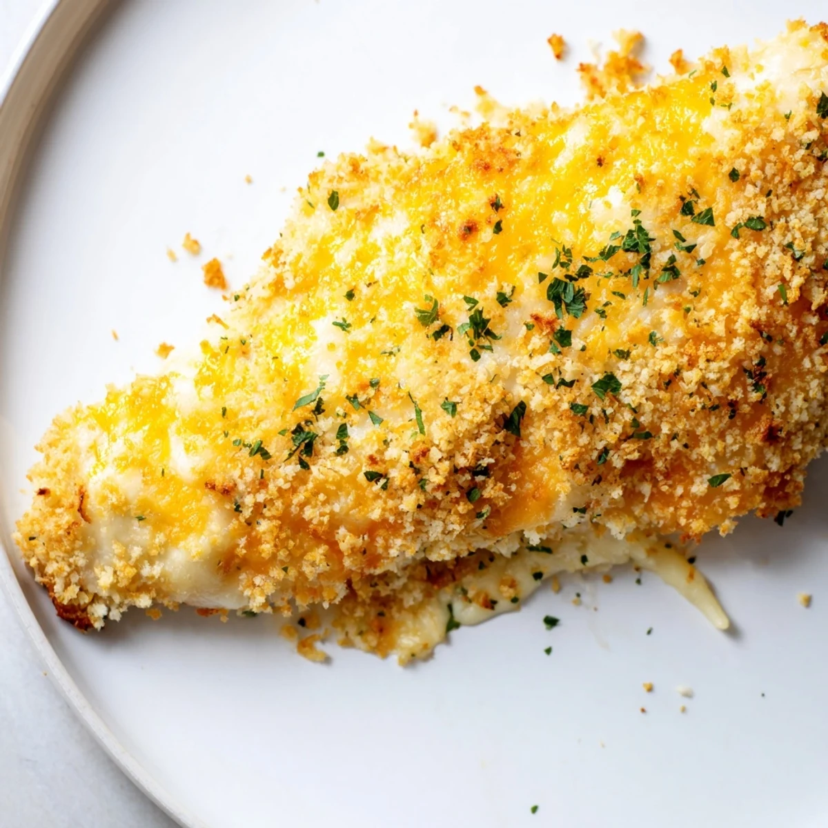 Delicious cheesy baked chicken breast, topped with melted cheese and crispy breadcrumbs, perfect for dinner.