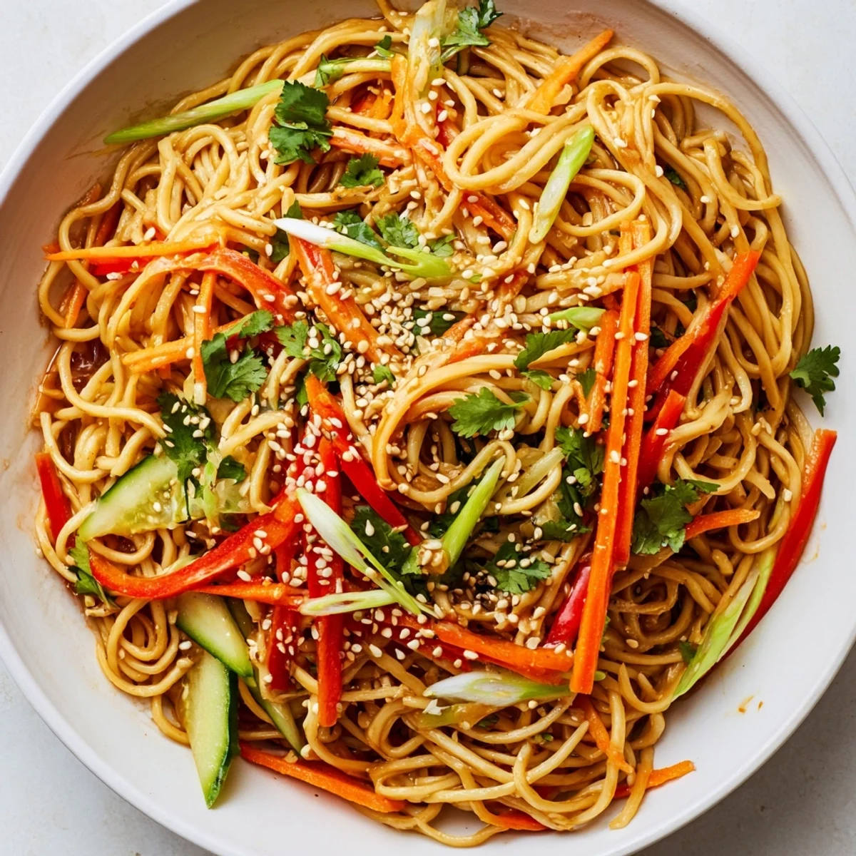 A colorful bowl of Garlic Noodle Salad with vibrant vegetables and sesame seeds, ready to enjoy.