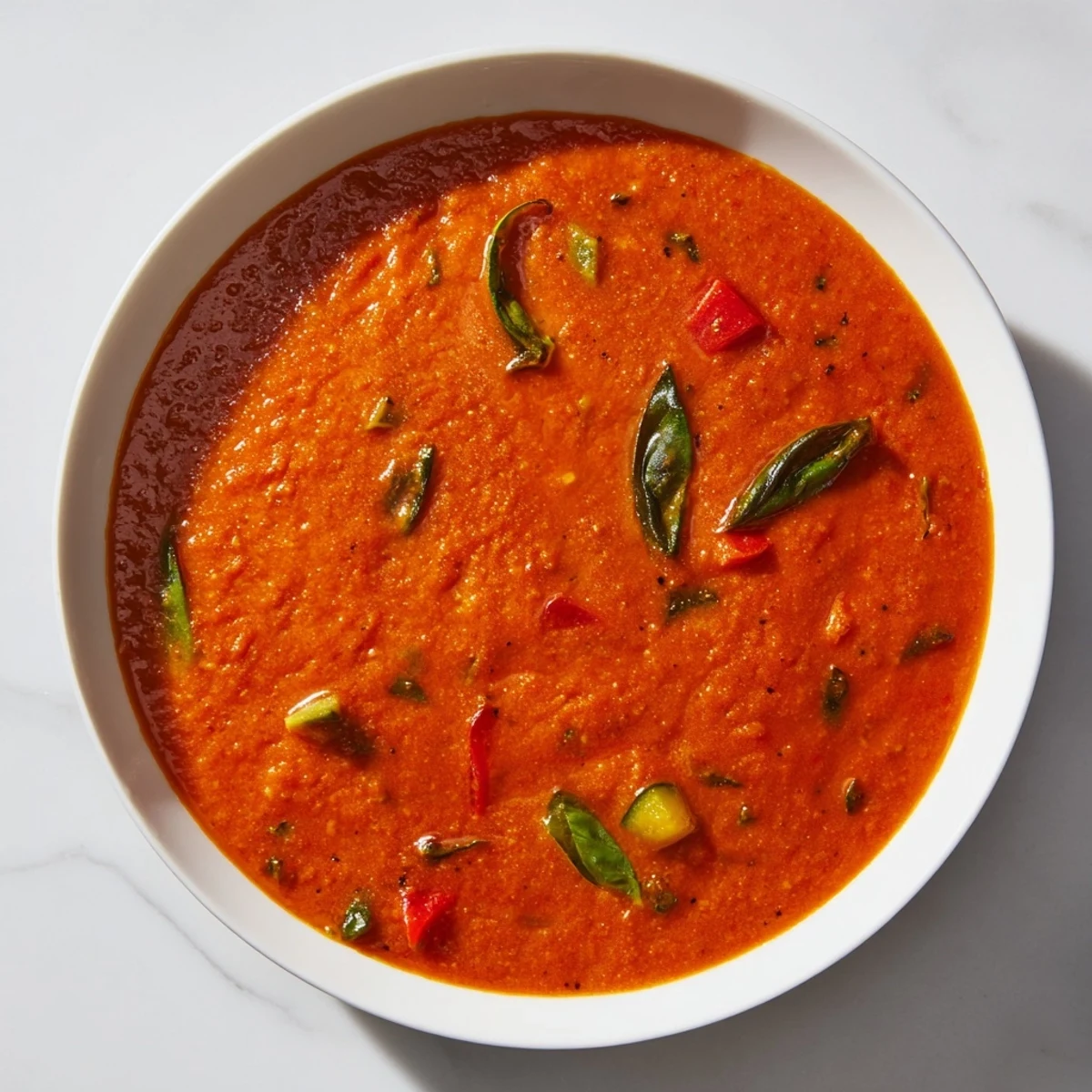 A steaming bowl of Veggie-Loaded Tomato Pasta Sauce, glistening, with optional fresh basil.