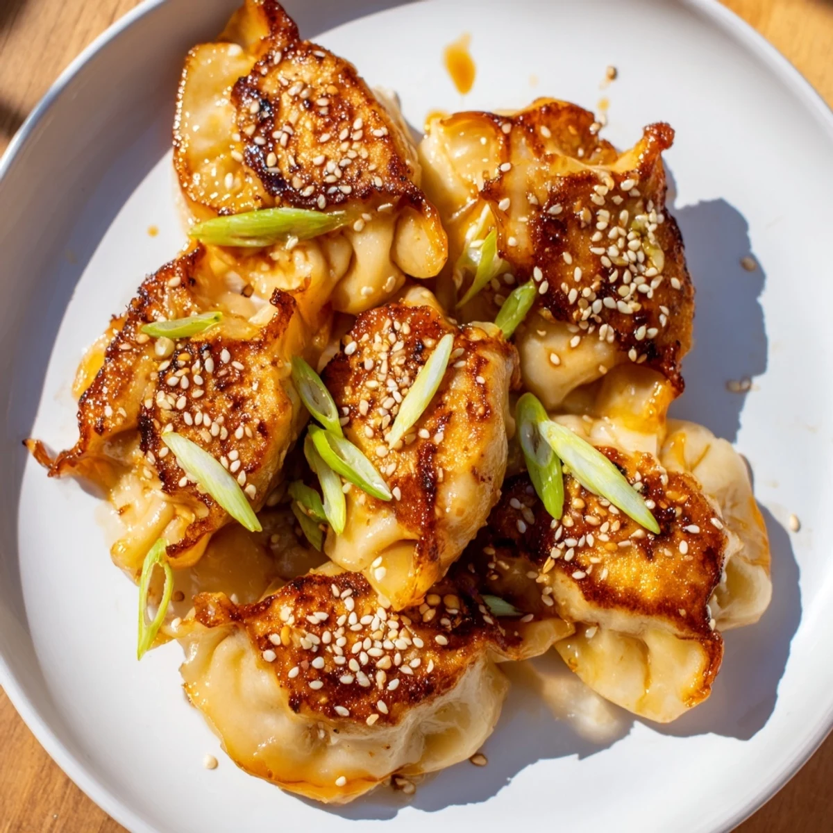 Crispy air fryer frozen dumplings glazed with shimmering sesame oil, ready to serve!