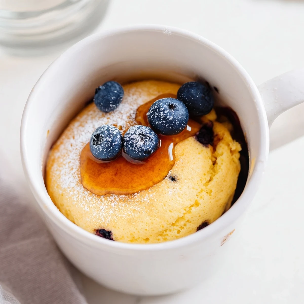 A close-up of a delicious microwave mug pancake, drizzled with sweet maple syrup, perfect for breakfast.