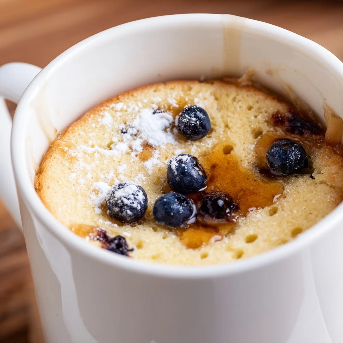 Warm, fluffy microwave mug pancakes presented in a mug, ideal served with fresh berries and ready quickly.