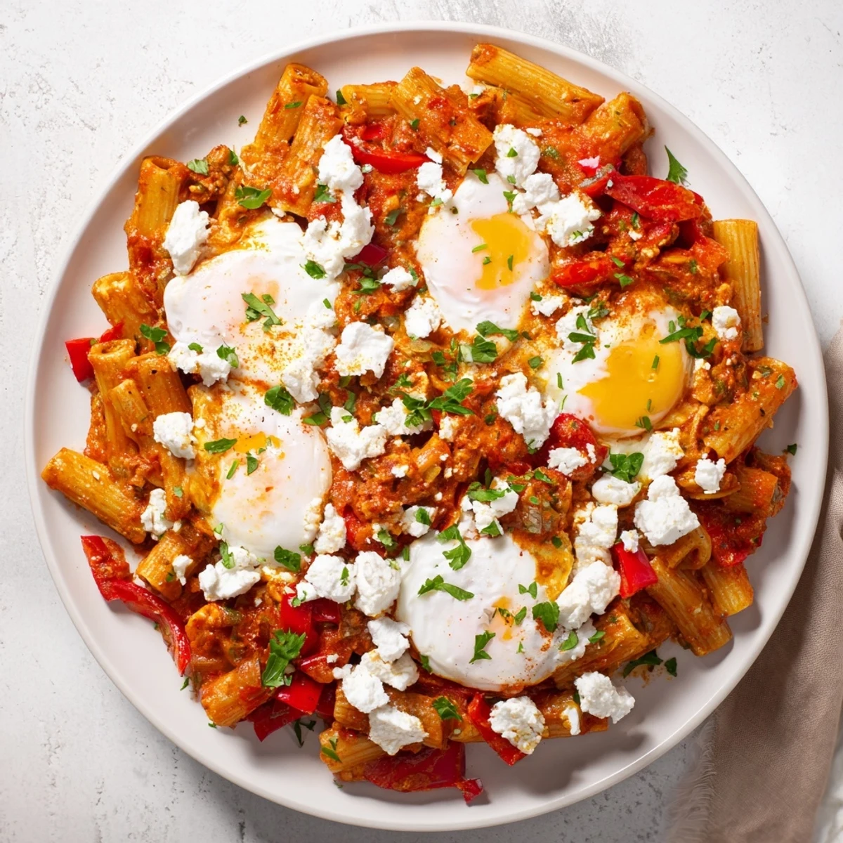 Creamy mozzarella melts over this flavorful Shakshuka Baked Pasta, promising a delicious bite.