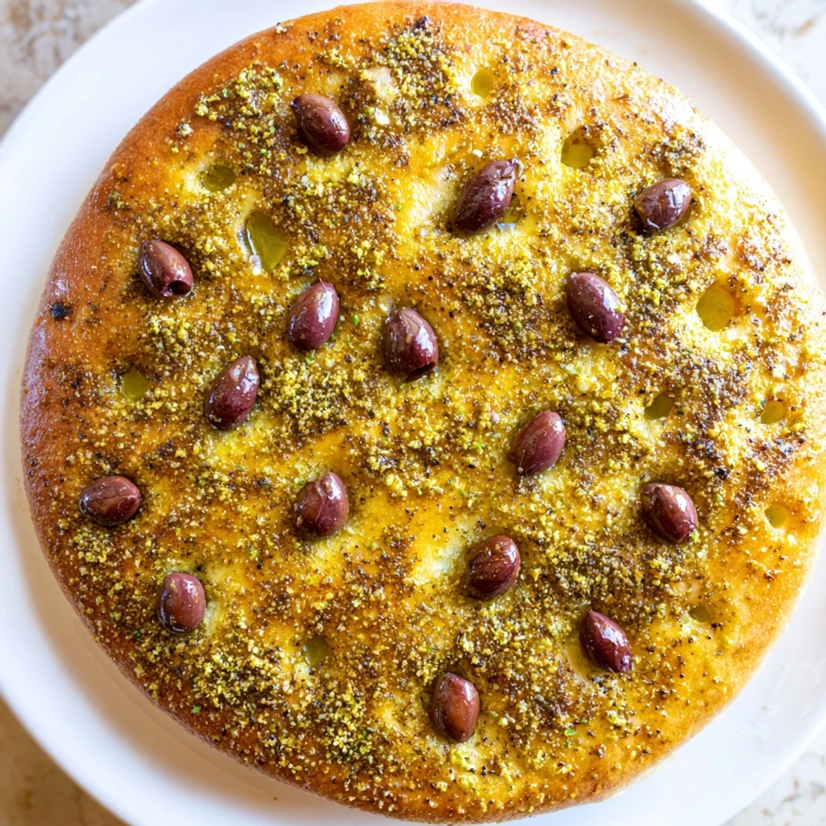 Warm, appetizing slice of Zaatar Olive Focaccia, perfect alongside hummus or other Mediterranean treats.