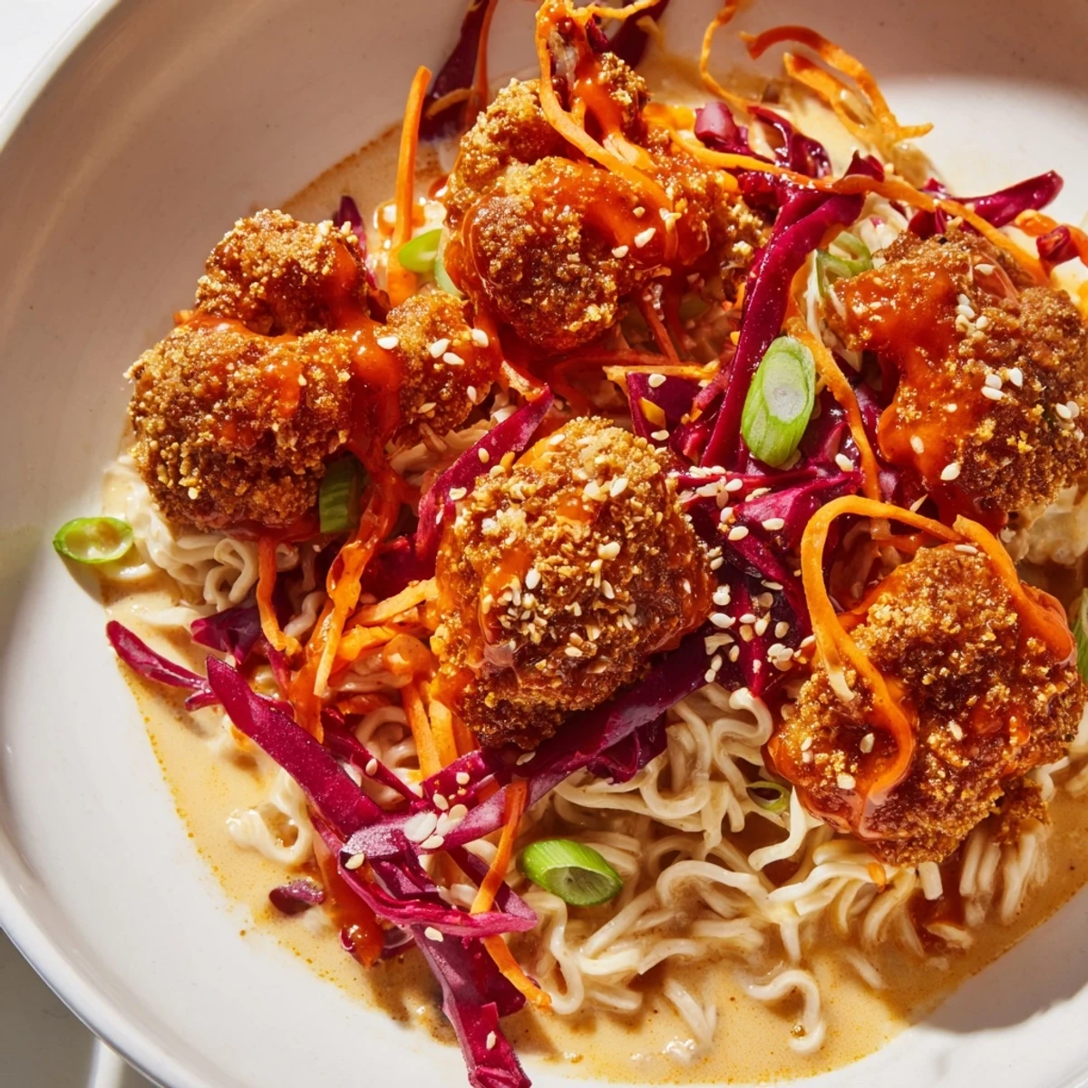Close-up of the delicious Chaos Cooking Buffalo Cauliflower Ramen, showcasing creamy broth and crispy cauliflower bites.