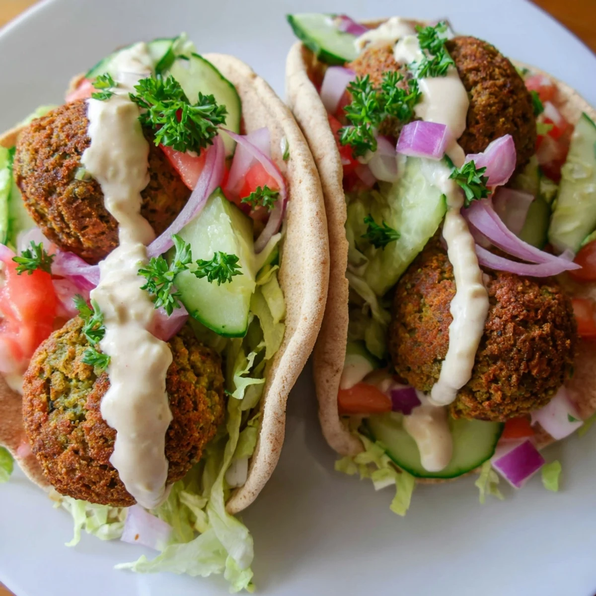 Warm, crispy falafel pita pocket bursting with fresh, colorful vegetables and creamy tahini.