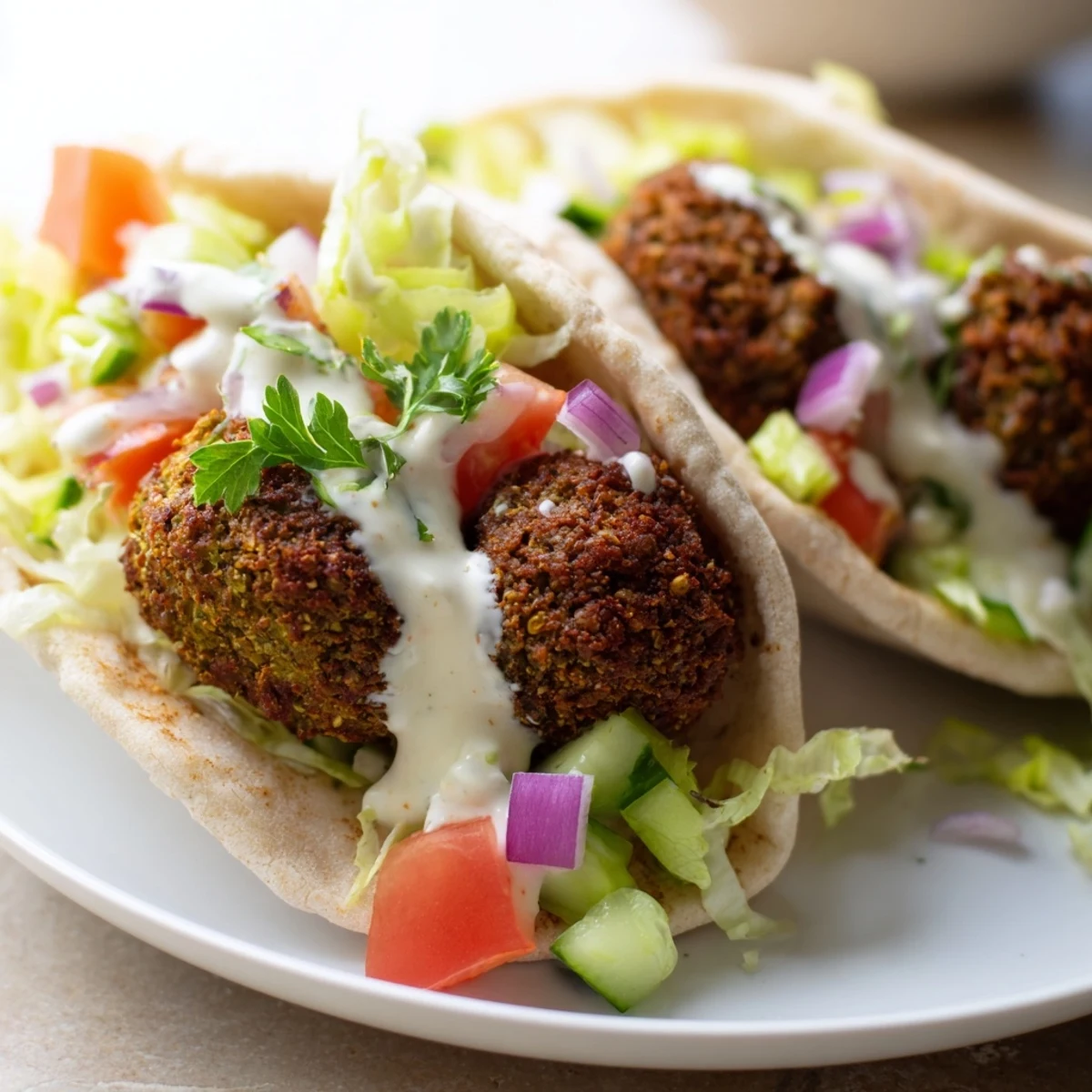A close-up of a delicious falafel pita pocket, with golden falafel and vibrant toppings.