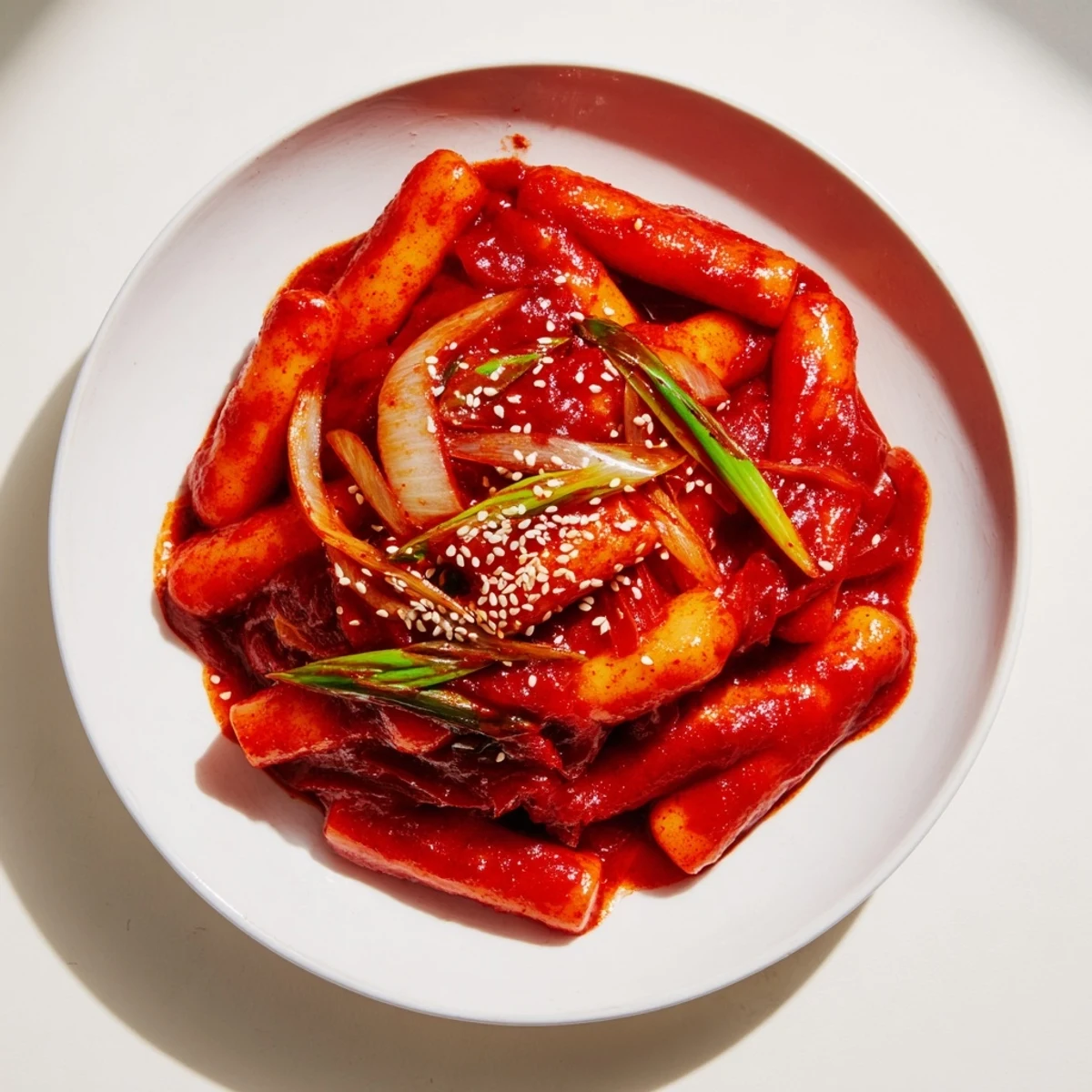 A close-up view of fresh and flavorful Korean Tteokbokki, with a sprinkle of sesame seeds on top.
