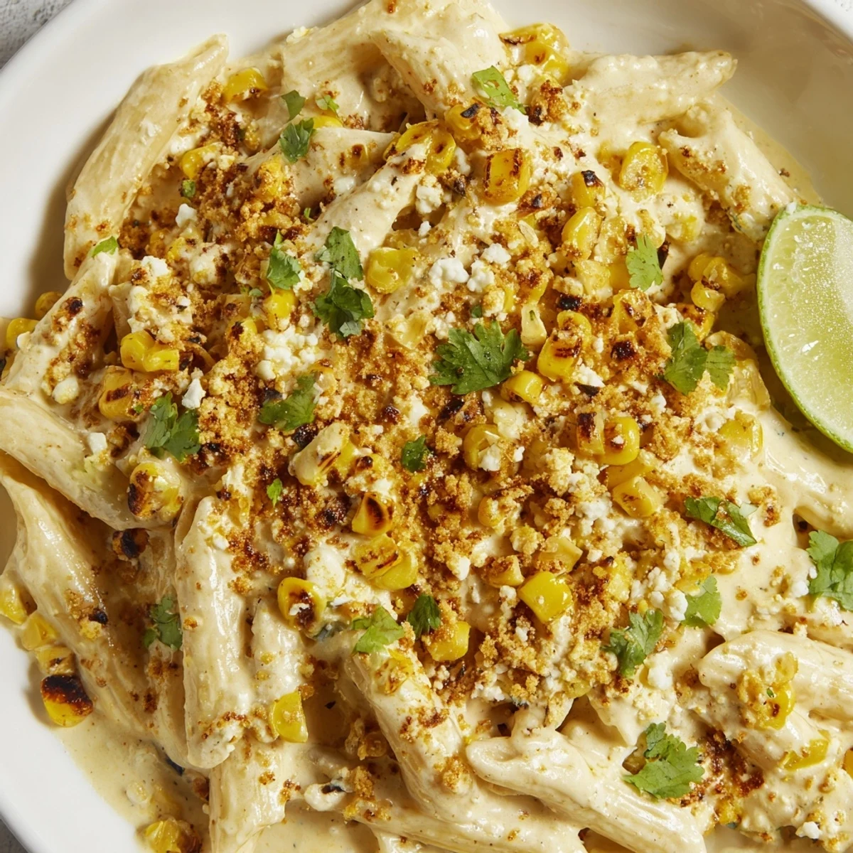 Creamy Mexican Street Corn Pasta, topped with vibrant cilantro and cotija cheese; a delicious main dish.