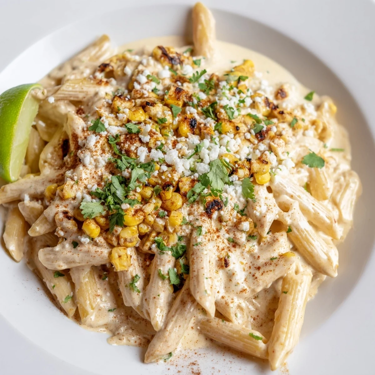 Golden-brown skillet of Mexican Street Corn Pasta, bursting with corn, herbs, and cotija, ready to serve.
