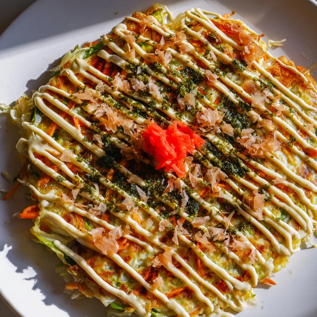 Golden grilled Japanese okonomiyaki pancakes, showcasing savory fillings and vibrant, flavorful toppings.