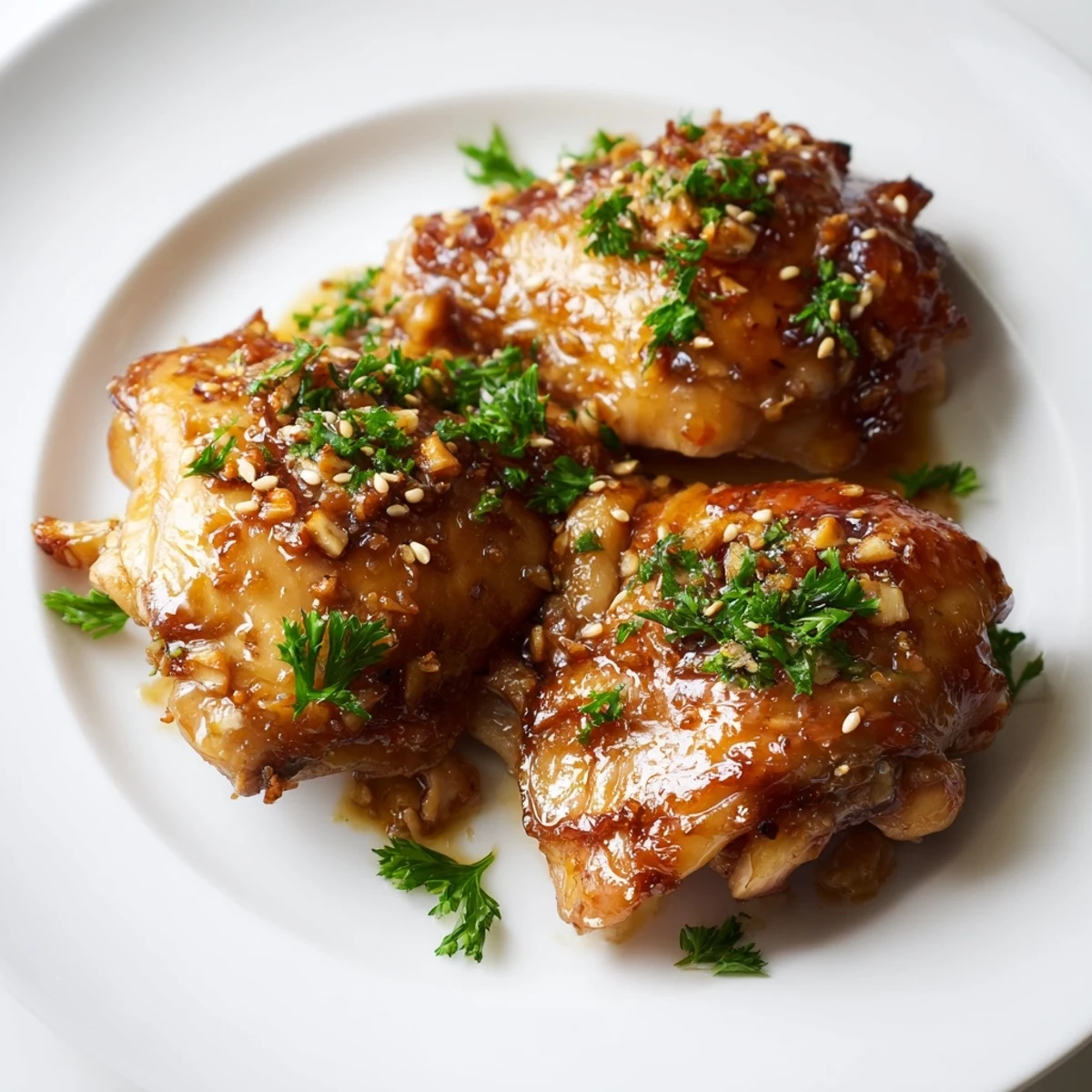 Golden, caramelized Honey Garlic Glazed Chicken glistening atop a bed of fragrant, seasoned pan juices.