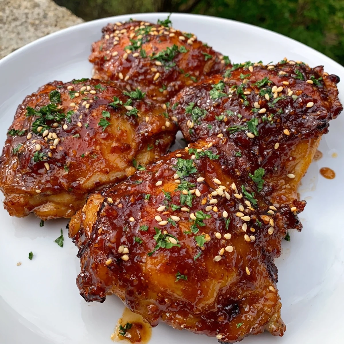 A delicious plate of Honey Garlic Glazed Chicken, ready to eat, served with fresh green garnish.