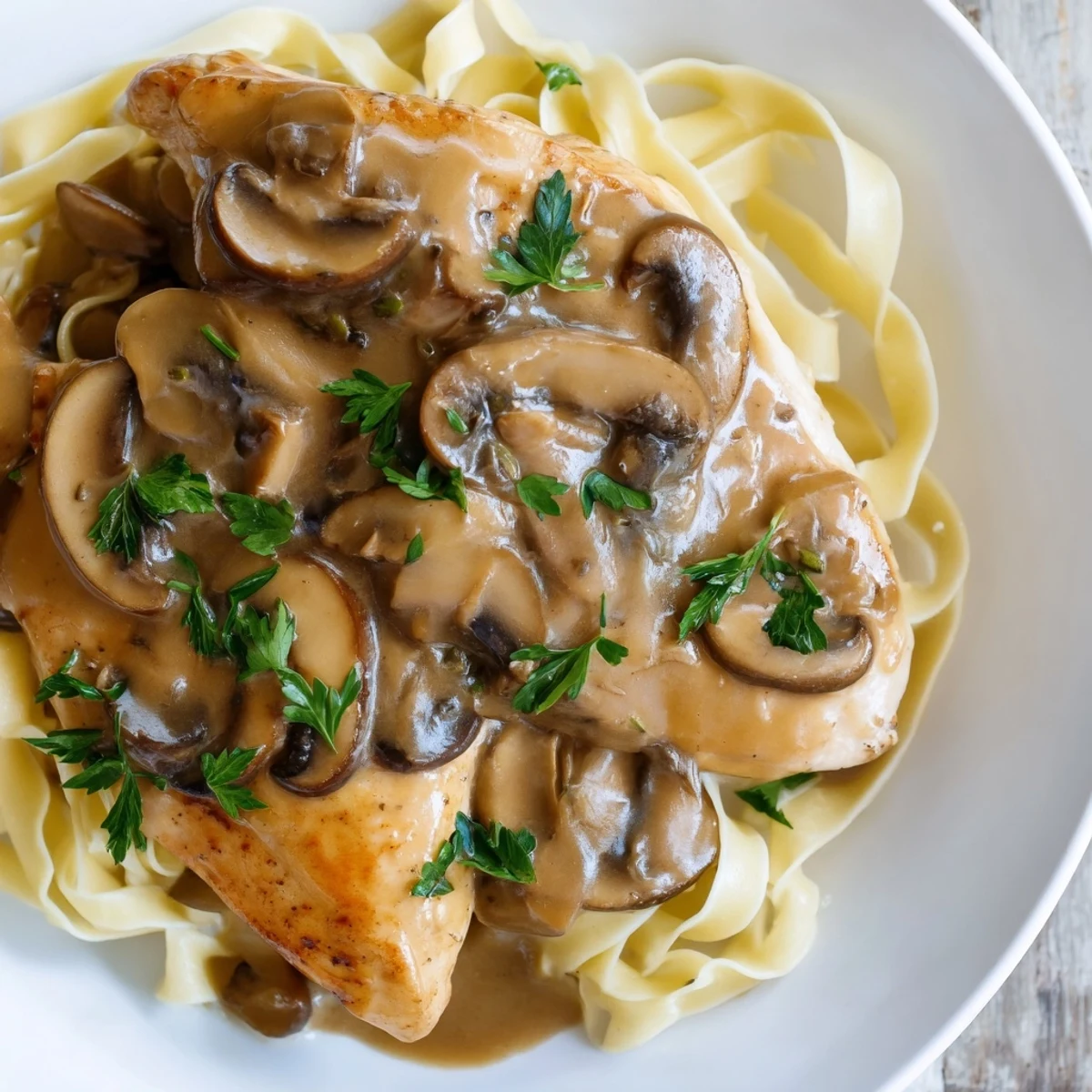 A close-up of tender Chicken Marsala, glistening with rich, velvety sauce and garnished with fresh parsley and grated Parmesan.