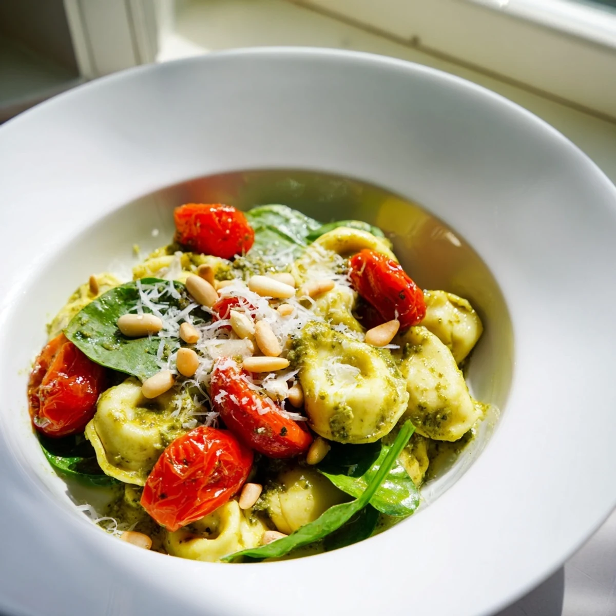 A close-up of Pesto Tortellini Salad with juicy cherry tomatoes and fresh spinach on a rustic table.  