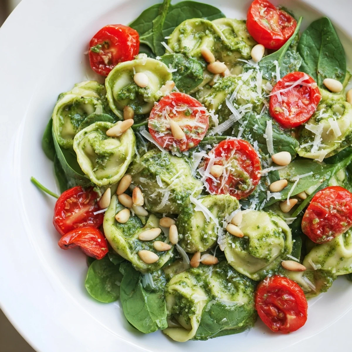 Forkful of cheese tortellini with basil pesto dressing, toasted pine nuts, and grated Parmesan.  