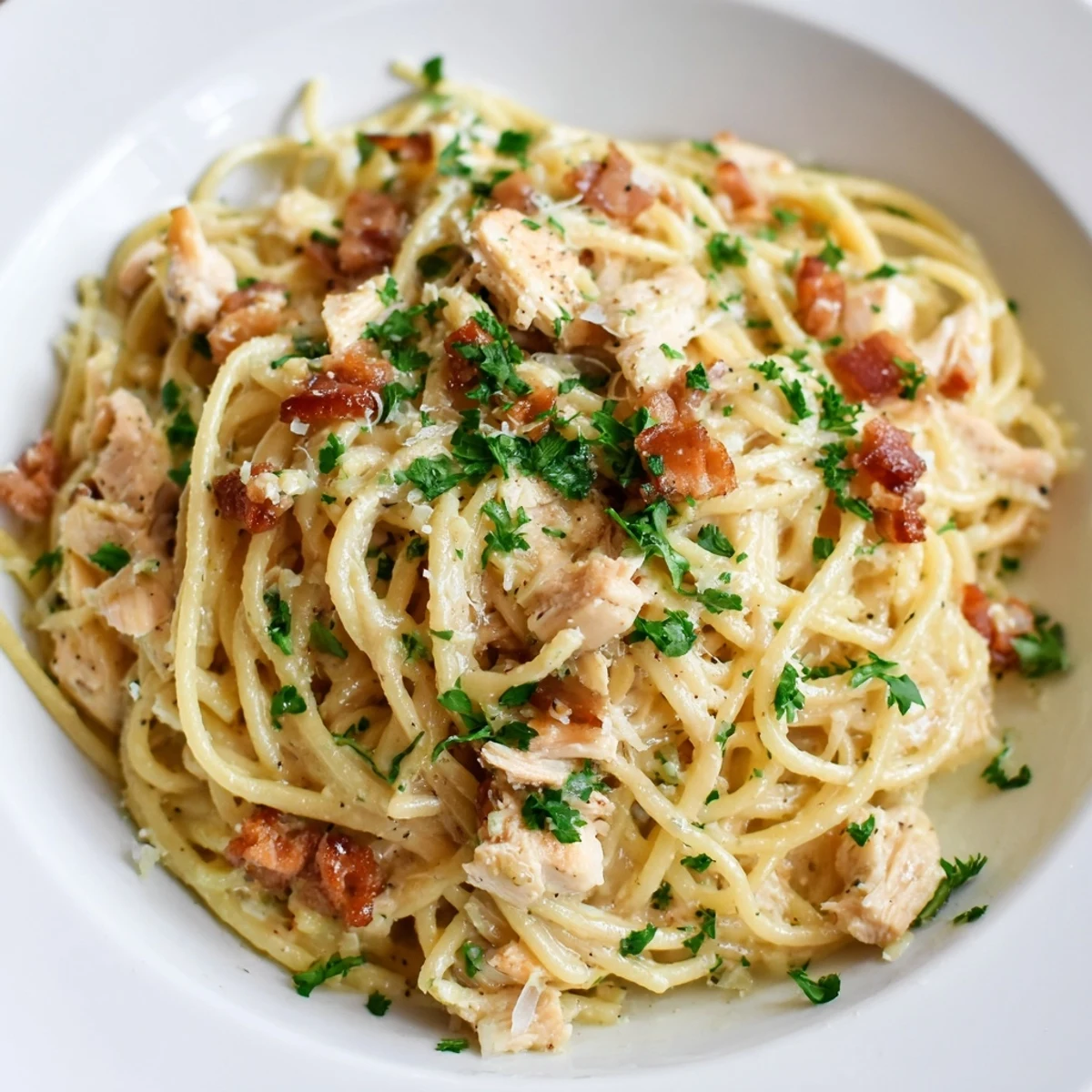 Close-up of Chicken Carbonara featuring al dente spaghetti coated in rich egg-Parmesan sauce with diced bacon and savory chicken.