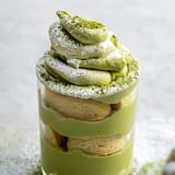Creamy matcha mascarpone tiramisu snow cups, a delightful dessert with matcha powder snow topping.