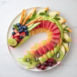Vivid dragon-shaped fruit tray featuring a watermelon body, kiwi scales, and fresh berries.