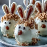 Adorable Easter bunny cake pops with creamy white chocolate coating and candy ears, perfect for festive spring gatherings.