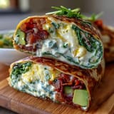 Vibrant green eggs and ham breakfast wraps with fluffy scrambled eggs, savory ham, and spinach tortillas for a colorful, nutritious start to your day.