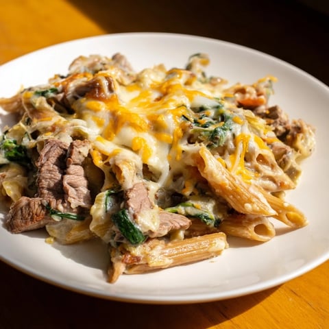 Steak & Spinach Artichoke Pasta Bake bubbling with golden mozzarella, served in a casserole dish.