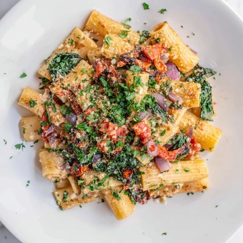 Mediterranean Baked Garlic & Herb Pasta bubbling in a baking dish, brimming with feta and herbs.